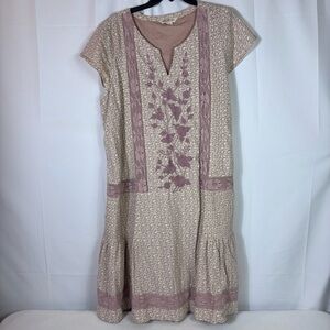 April Cornell XXL Purple Floral Embroidered Cotton Dress Crochet Pockets Boho